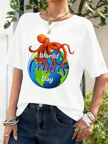 Ocean Octopus Print T-Shirt, Crew Neck, Relaxed Fit, Casual, Graphic Design - White - View 1