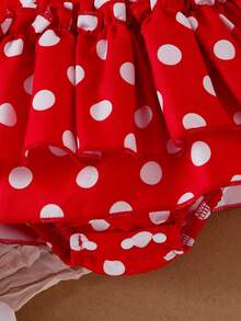 Set 5 pcs untuk Bayi Perempuan: Kaos Lengan Panjang Bergaris Putih dengan Pita Polkadot & Hiasan Ruffle + Gaun Ruffle Bertingkat Dua Lapis Polkadot + Bando Pita + Kaos Kaki - Merah - View 5