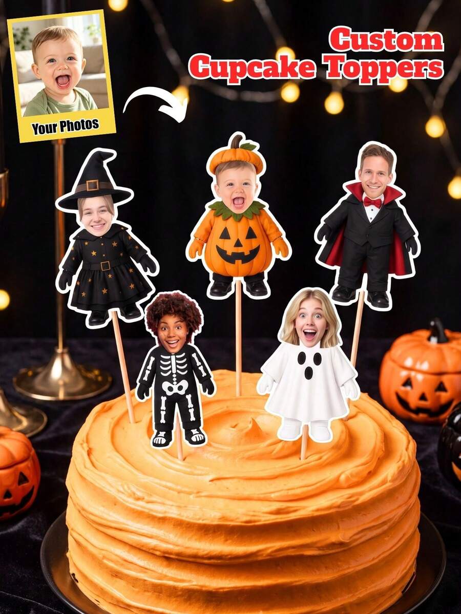 1/10/25/50/100/150pcs Personalized Halloween Photo Cupcake Toppers, Custom Face Photo Design, Easy To Insert Into Cakes, Suitable For Birthdays, DIY Party Lovers, Event Planning, Cake Decoration Dessert Garnish Party Supplies - Multicolor 2 - View 1