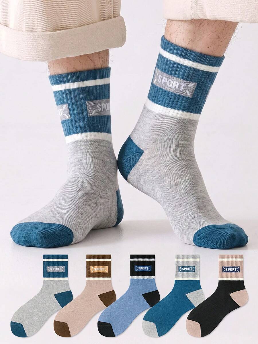 ZUJO 5 Pairs Men's Mid-Calf Sports Socks, Striped Pattern, Suitable For Daily Wear, Simple And Comfortable, All-Season, Random Color - Multicolor - View 1