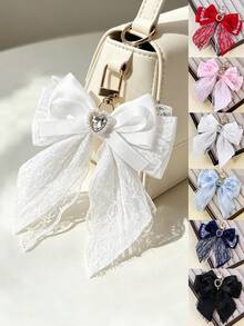 1pc Lace Satin Bow Heart Rhinestone Pearl Bag Charm, Sweet Girl Keychain Accessory For Back To School Season - Multicolor - View 2