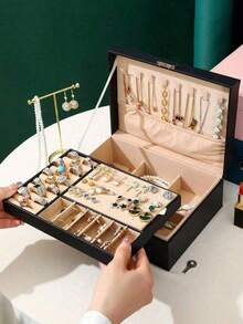 1pc New Double-Layer Lockable Jewelry Storage Box, Lockable Jewelry Organizer, Drawer-Style Jewelry Box, Can Store Earrings, Rings, Watches, And Other Accessories School Supplies - Jewelry Box - View 2