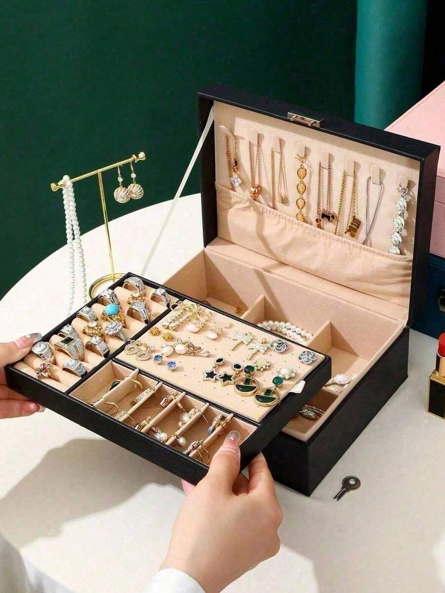 1pc New Double-Layer Lockable Jewelry Storage Box, Lockable Jewelry Organizer, Drawer-Style Jewelry Box, Can Store Earrings, Rings, Watches, And Other Accessories School Supplies