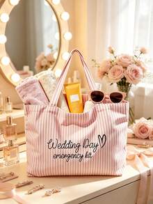 1/2件組條紋托特包與化妝包，印有「Wedding Day」文字，適合度假、通勤、購物，送給家人與朋友的禮物 - 彩色 - 查看 6