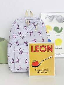1件可愛蝴蝶結圖案尼龍背包，輕量大容量學生書包，可調節肩帶，適合女孩/男孩/學生，適用於日常使用、外出、旅行、學校及開學季 - 紫色 - 查看 3