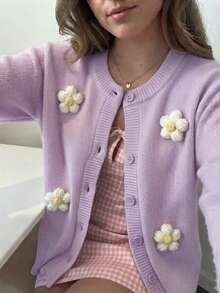 Fall Pastoral Style Outfit Women Light Purple 3D Floral Design Cardigan Ribbed Long Sleeve Round Neck Button Front Sweater Versatile For Daily Wear - Purple - View 5