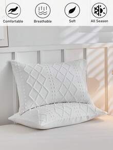 1pc White Geometric Rhombus Pattern Tufted Pillowcase, Ins Style Textured Polyester Decorative Cushion Cover, Suitable For All Seasons, Decor, Machine Washable, No Filling Included - White - View 2