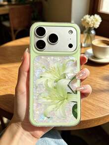 1pc White Lily Floral Print With Shell Texture, Scratch-Resistant Soft Silicone Material, Contrast Color Frame Design, No Accessories, Phone Protective Case Compatible With Apple Models, Fresh And Gentle Floral INS Style - Multicolor - View 1