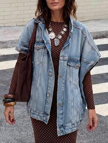 Fashionable Versatile Loose Turndown Collar Denim Jacket, Unique Design Short Sleeve Denim Jacket For Commuting Casual Summer - Light Wash - View 8