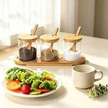 300ml Glass Spice Jar, Kitchen Seasoning Storage Container, Salt Jar, Coffee Storage Canister, Glass Storage Container With Bamboo Lid And Spoon, 2/3pcs Set With Bamboo Tray, Suitable For Kitchen Spices, Dry Ingredients, Sugar, Black Pepper, Coffee Food Storage - Clear - View 5