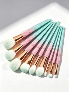 Soft Aesthetic Style Synthetic Bristle Plastic Handle Diamond Cut Faceted Design Pink Green Gradient Rose Gold Metal Band 7pcs Makeup Brush Set With PU Storage Bag Suitable For Foundation Blush Eyeshadow Blending Birthday Gift Travel Vanity All Season Use - Multicolor - View 6