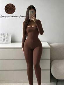 Black U-Neck Long Sleeve Jumpsuit, Suitable For Spring And Autumn Elegant Brown - Brown - View 2