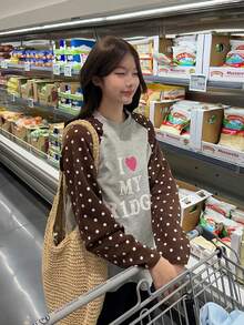 Women's American Style Heart & Polka Dot Raglan Long Sleeve T-Shirt, Loose Casual Versatile Top - Grey - View 5
