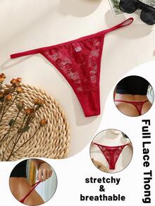1pc Women Sexy Floral Lace Low Waist G-String Panty Lingerie - Red - View 3