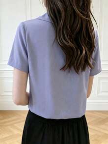 Fashionable Long Sleeve Design Satin Shirt, Solid Color Polyester, Front Button Closure Summer - Light Wash - View 3