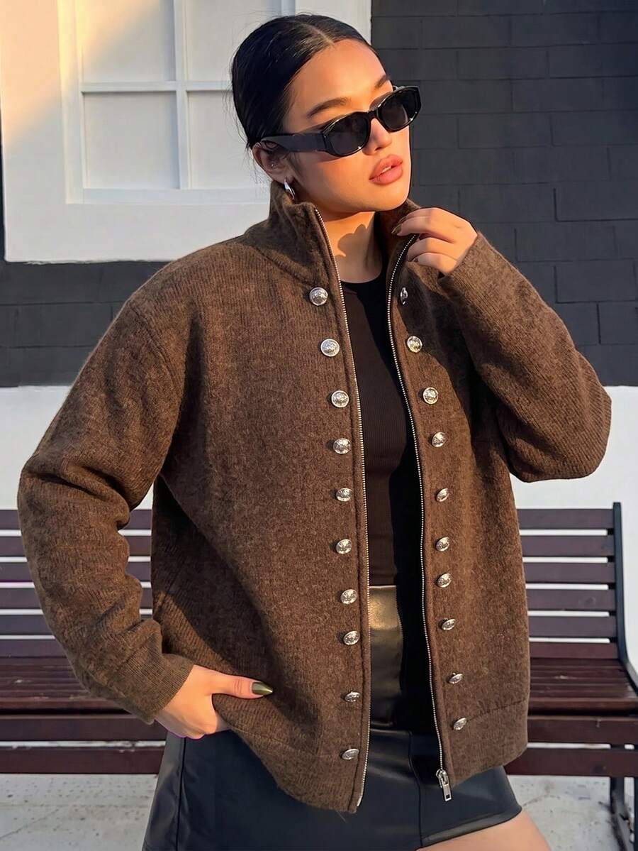 Maillard Brown Stand Collar Knitted Cardigan, Double-Breasted Metal Button Zipper Loose Short Wool Jacket - Brown - View 1