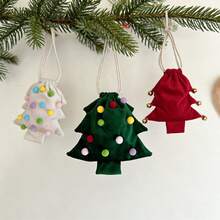 3 Packs Christmas Tree Shaped Velvet Drawstring Gift Bags, Mini Candy Pouches With Pom-Poms & Bells, Hanging Ornament Bags For Christmas Tree, Holiday Party Candy Wraps, Small Christmas Gift Storage Pouches - Multiple Styles - View 2
