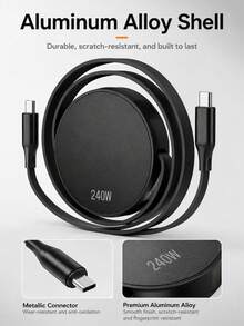 240W USB C To USB C Retractable Fast Charging Cable, Dual-Side Pull Portable Reel Cord With 480Mbps Data Transfer, Aluminum Alloy Shell, Compatible With Laptop, Tablet And Smartphone - Black - View 3