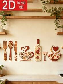 7/1pc Creative Wooden Wall Decor Set, Includes Fork, Home Wall Decor, Coffee Cup And Wine Glass Design! Suitable For Kitchen, Cafe, Restaurant, Bar Wall Decoration, Creative Background, Home Decor Sign, Housewarming And Holiday Gift - Multicolor - View 14