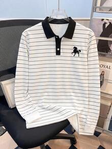 1pc Tween Boys Casual Versatile Classic Striped Pony Logo Contrast Print Long Sleeve Polo Sweatshirt, Autumn/Winter - White - View 1