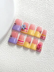 10片韓式馬卡龍風手工穿戴甲，Polygel美甲套組，星星條紋圖案，黃色與粉色指甲油，可愛甜美風，含美甲工具，3種尺寸可選，杏仁甲、鴨嘴甲、棺材甲，適用派對、舞蹈、日常穿戴 - 彩色 - 查看 20