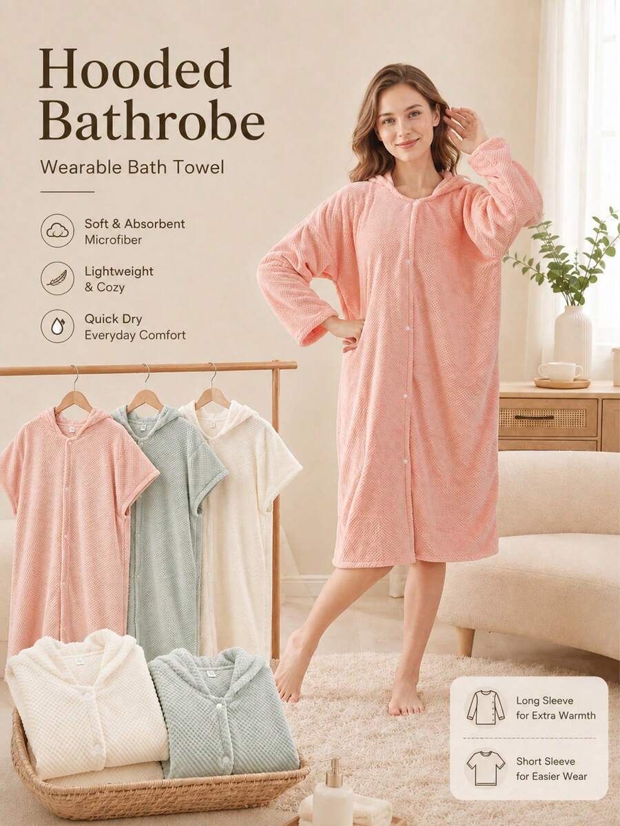 Coral Fleece Bathrobe, Soft Wearable Bath Towel, Hooded Long Style, Quick-Drying, Suitable For Autumn/Winter - Multicolor - View 1