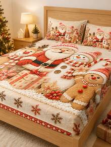 3pcs Christmas Cartoon Santa Claus Snowman Reindeer Print Bedding Set, (1PC Fitted Sheet + 2pcs Pillowcases, Pillow Inserts Not Included,) Polyester Digital Print, Cute Snowman Santa Claus Reindeer Penguin Theme Bedroom Decor, Machine Washable, Bedroom Holiday Home Textiles - Multi-color 1 - View 6