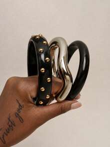 1/3 Piezas Brazalete Redondo Geométrico de Resina con Estampado Tie-Dye de Arte Vintage, Estilo Femenino, Adecuado para Uso Diario, Regalo de Moda, Brazalete de Joyería de Moda Exagerada para Mujeres - Negro - Ver 1
