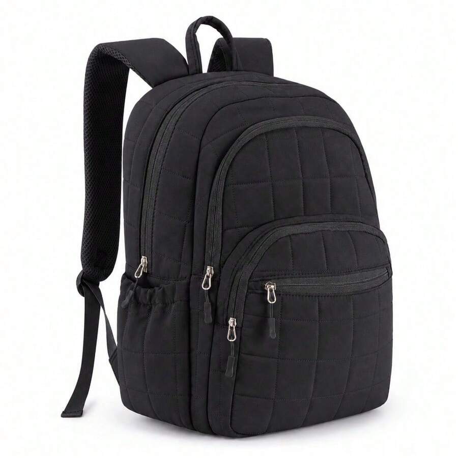 Quilted Multi-Pocket Backpack With Large Side Water Bottle Pockets For School Travel Daily Use - Black - View 1