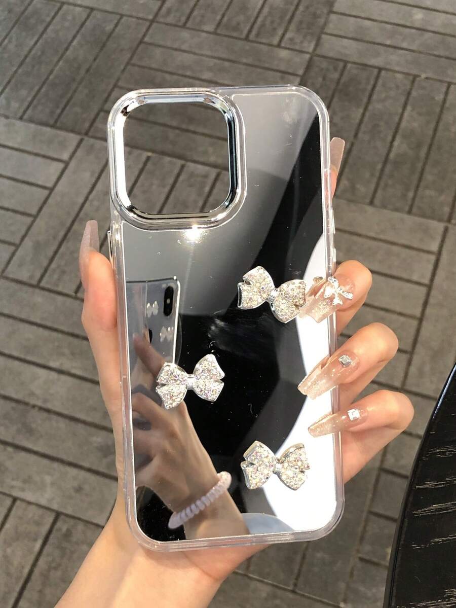 1個精緻亮面鏡面手機殼，新款熱銷 Apple 17 PROMAX 手機殼，飾有閃亮水鑽蝴蝶結，優雅大方，完美打造甜美時尚日常造型，充滿夏日氛圍，送給朋友的理想禮物，防震、防滑、防刮，適用於 Apple 17 PROMAX/PRO/AIR/16/15/14/13/12/11/ S20-25Ultra/FE/ 手機
