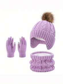 3pcs 2-8 Years Old Boys Girls Warm Outfit Set, Single Ball Double Ball Cute Winter Children Solid Color Hat Set - Multicolor - View 4