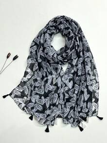 1pc Simple Printed Women's Scarf, Fashionable New Style Sun Protection Beach Shawl, Silk Scarf, Linen Feel Wrap For Women - Black - View 1