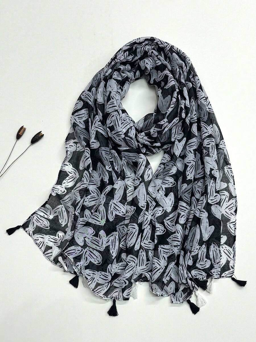 1pc Simple Printed Women's Scarf, Fashionable New Style Sun Protection Beach Shawl, Silk Scarf, Linen Feel Wrap For Women - Black - View 1