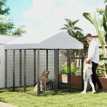 PawHut 6' X 6' X 6' Dog Run Outdoor, Large Outdoor Dog Kennel Welded Wire Steel Fence With UV-Resistant & Waterproof Cover, Rotating & Adjustable Bowls, Secure Lock, Silver - 銀色 - 查看 1