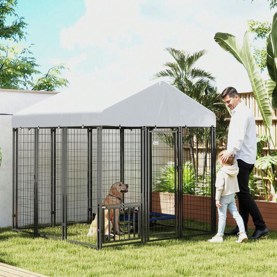 PawHut 6' X 6' X 6' Dog Run Outdoor, Large Outdoor Dog Kennel Welded Wire Steel Fence With UV-Resistant & Waterproof Cover, Rotating & Adjustable Bowls, Secure Lock, Silver - 銀色 - 查看 1