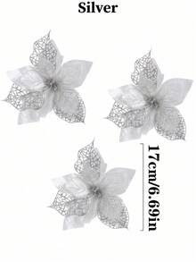 1/10/20件裝亮面雙層紅色一品紅（附夾子）6.7英吋人造花，適用於聖誕樹、花環、樓梯、壁爐、窗戶、咖啡桌及節日/婚禮派對裝飾，聖誕禮物 - 銀色 - 查看 4