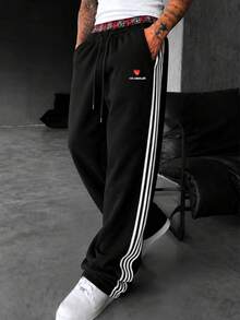 YUNCHIC Los Angeles Embroidered Side Stripe Sweatpants, Plaid Elastic Double Waistband Drawstring Casual Street Joggers - Black - View 2
