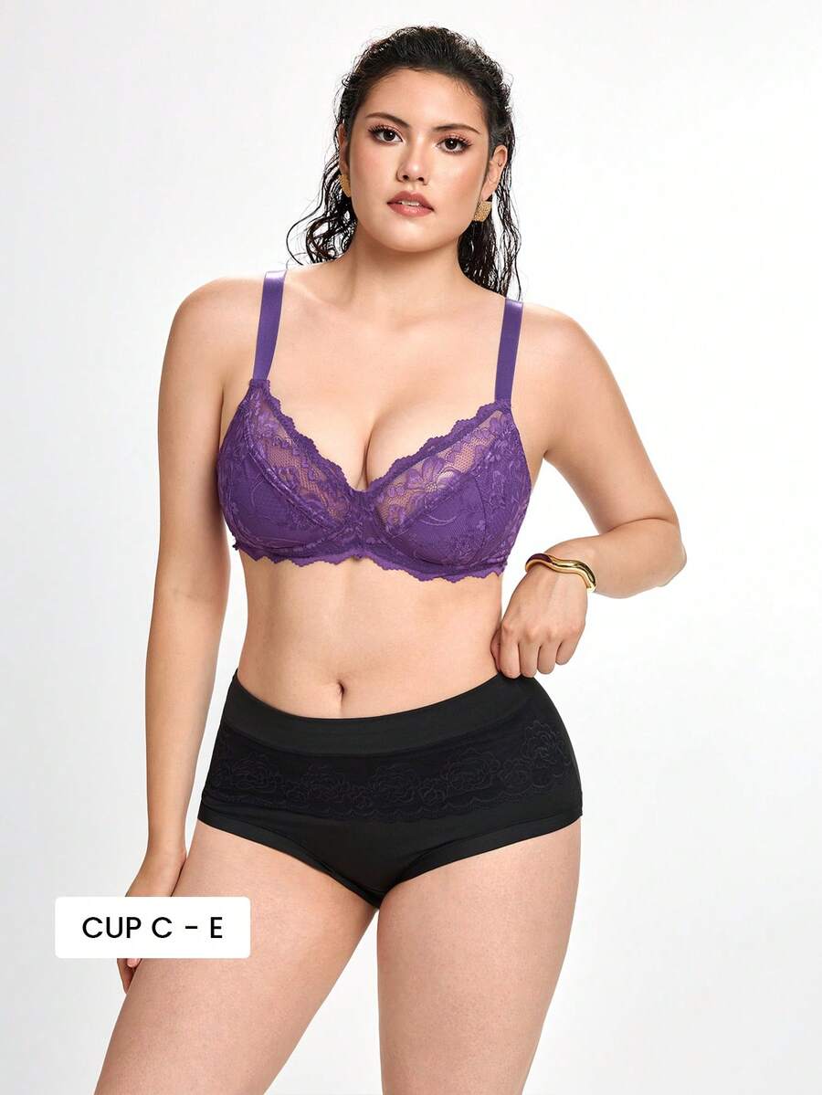 Slumbrini 1件大码女士蕾丝拼接舒适钢圈文胸 - 紫色 - 查看 1