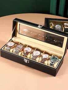 3/6/10/12 Grid Wooden Watch Storage Box With Glass Lid, Black/Walnut Color Watch Display Storage Box, Dust-Proof Velvet Lining, Men's And Women's Watch Collection Box, Birthday Christmas Gift, Halloween Gift, Christmas Gift - Black - View 2