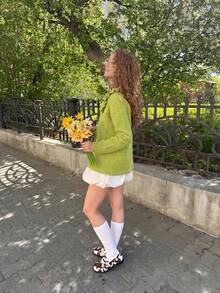 Women's Green Short Knit Cardigan With Large Ruffle Collar And Buttons, Suitable For Garden, Street, Daily Casual, Autumn/Winter Wear - Green - View 6