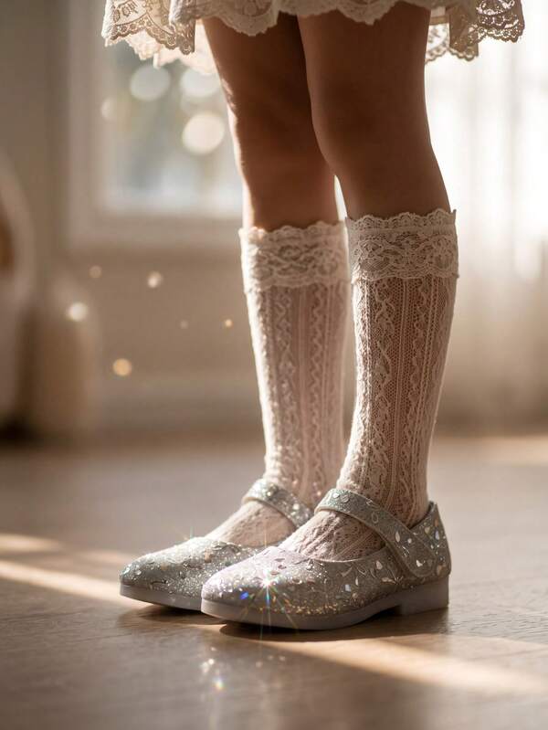 Girls Silver Mary Jane Shoes, Glitter Dress Flats For Kids, Princess Party Shoes, Sparkle Bow Detail Shoes For Toddler Girls, Hook And Loop Closure