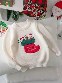 Girls' Cute Christmas Socks, Reindeer & Snowman Embroidered Crew Neck Long Sleeve Knit Pullover Sweater, Suitable For Christmas, Daily Casual Wear, Spring, Autumn, Winter - Apricot - View 1