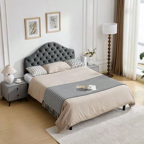 Upholstered Platform Bed Frame In Full Size With Adjustable Headboard, Velvet Single Bed With Wooden Slat Base, No Box Spring Needed, Easy Assembly, 140x200 Cm - 灰色 - 查看 1