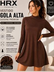 Premium Suedine Short Dress With High Ribbed Neck And Long Sleeves, Simple Fitted A-Line Style, Solid Color, Elegant, Autumn/Winter Fashion. - White - View 2