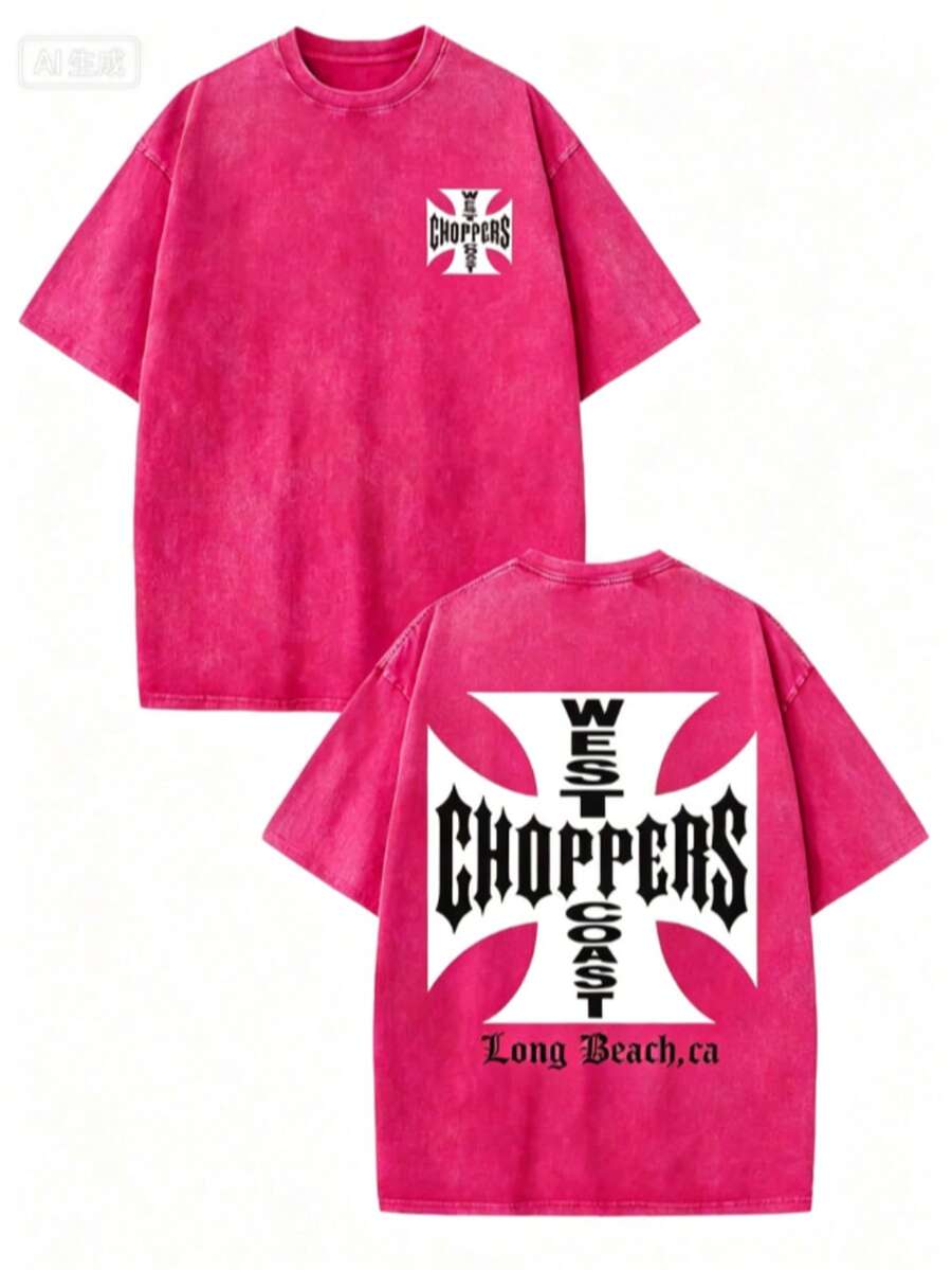 WEST COAST CHOPPERS Men's Retro Streetwear T-Shirt - 230g Washed Cotton, Double-Sided Print, Loose-Fitting Drop With A California Long Beach Graphic - 紅色 - 查看 1