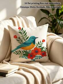 1pc Watercolor Style Vibrant Wild Bird & Plant Floral Leaf Pattern Country Style Spring Sofa Home Decor Pillow Cover (Pillow Insert Not Included) - Multicolor - View 5