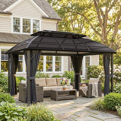 Outsunny 13' X 10' Hardtop Gazebo, Double Roof Outdoor Gazebo Canopy Shelter With Curtains, Nettings And Aluminium Frame For Patio, Garden, Lawn, Backyard And Deck, Black