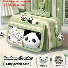 Large Capacity Multi-Layer Canvas Pencil Case Set, Panda Stationery Set - Panda - School Supplies - Includes 1 Panda Brooch, 5 Stickers, Daily School Desk Stationery Storage, Multi-Compartment Storage Box Pencil Case - Back To School, School Season, Graduation Season Gift - A - View 10
