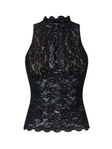 Women's Lace Tank Top Y2K Sheer Lace Slim Fit Blouse Summer Front Keyhole Slim Fit Vest Crew Neck Crop Tops Elegant Lace Cami Tops Going Out Blouse - 黑色 - 查看 5