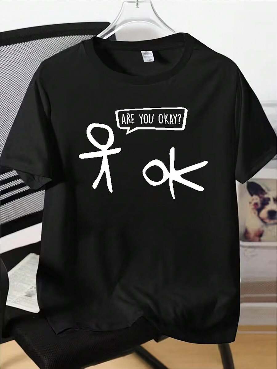Camiseta de manga corta para niño, moderna y divertida, con estampado de gesto "¿ESTÁS BIEN?"". Camiseta de manga corta para niño con eslogan, informal para exteriores, como regalo, para vac - Negro - Ver 1